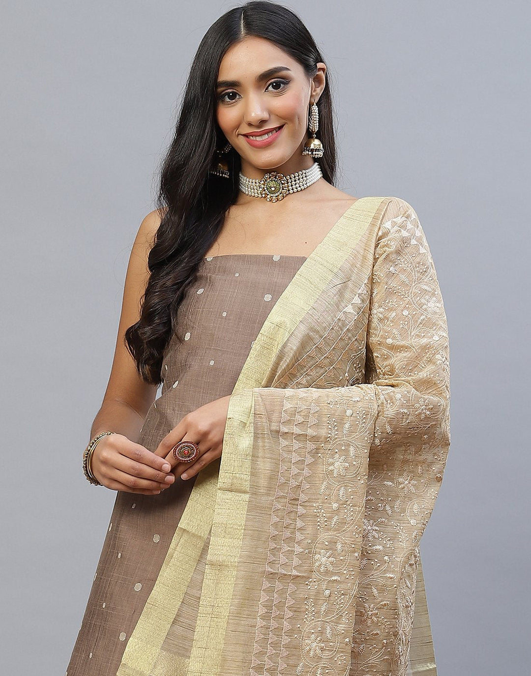 Chanderi Embroidered Suit Piece with fancy dupatta