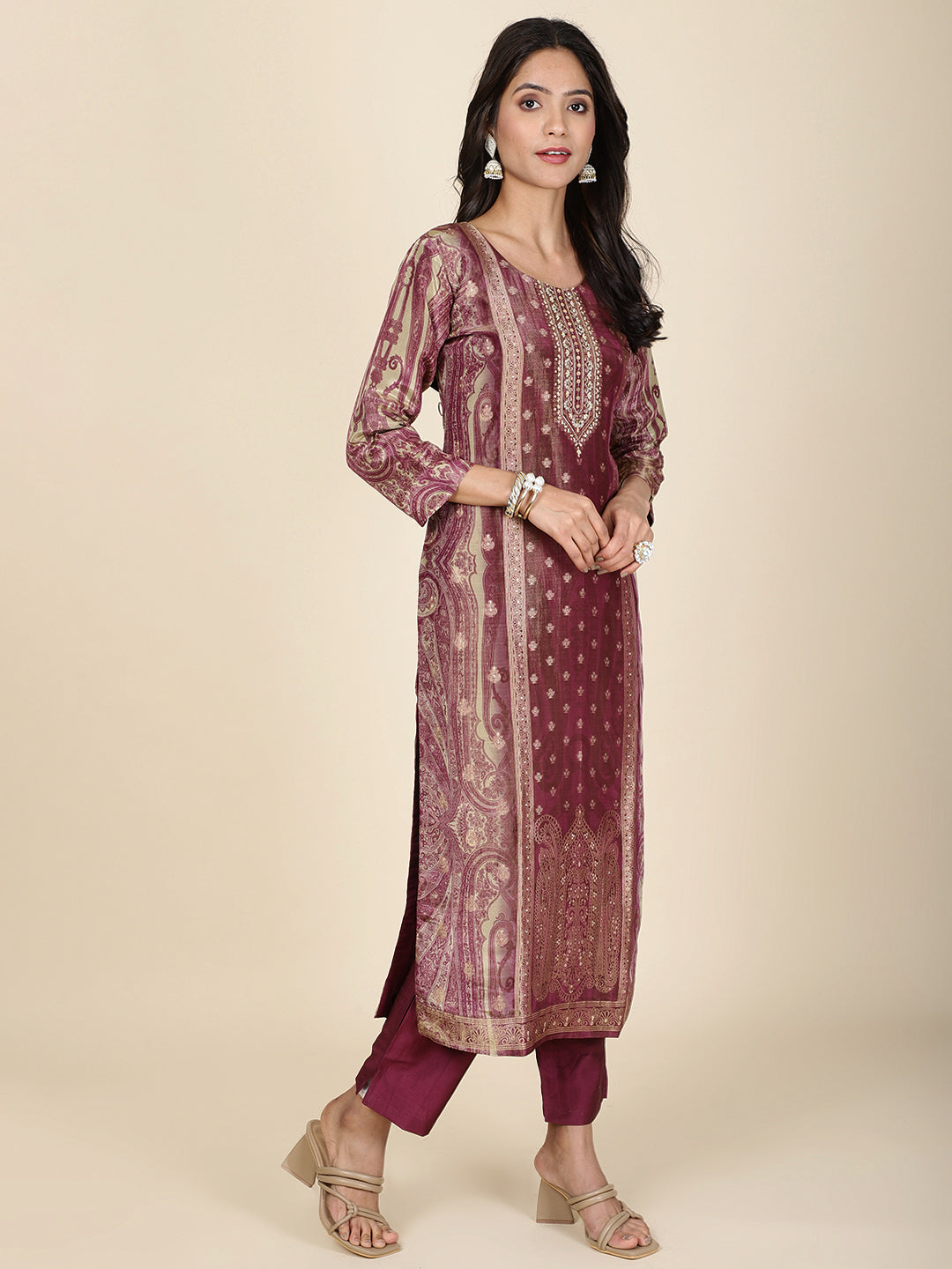 Neck Embroidery Tissue Kurta With Pants &amp; Dupatta