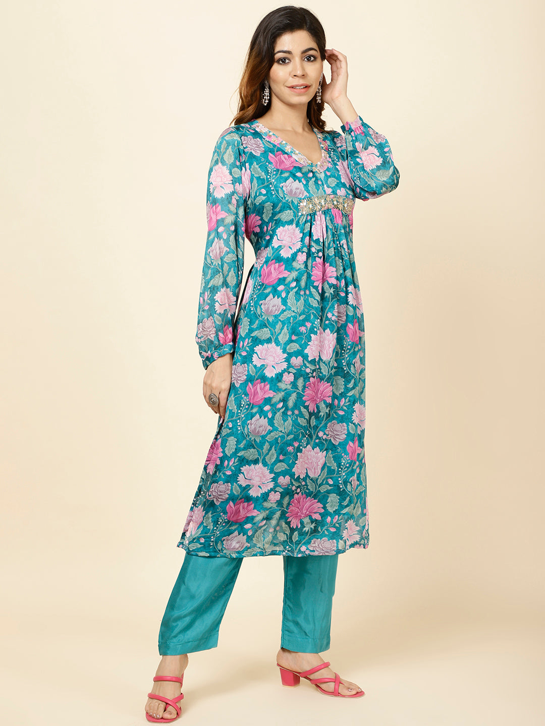 Printed Chinnon Kurta With Pants