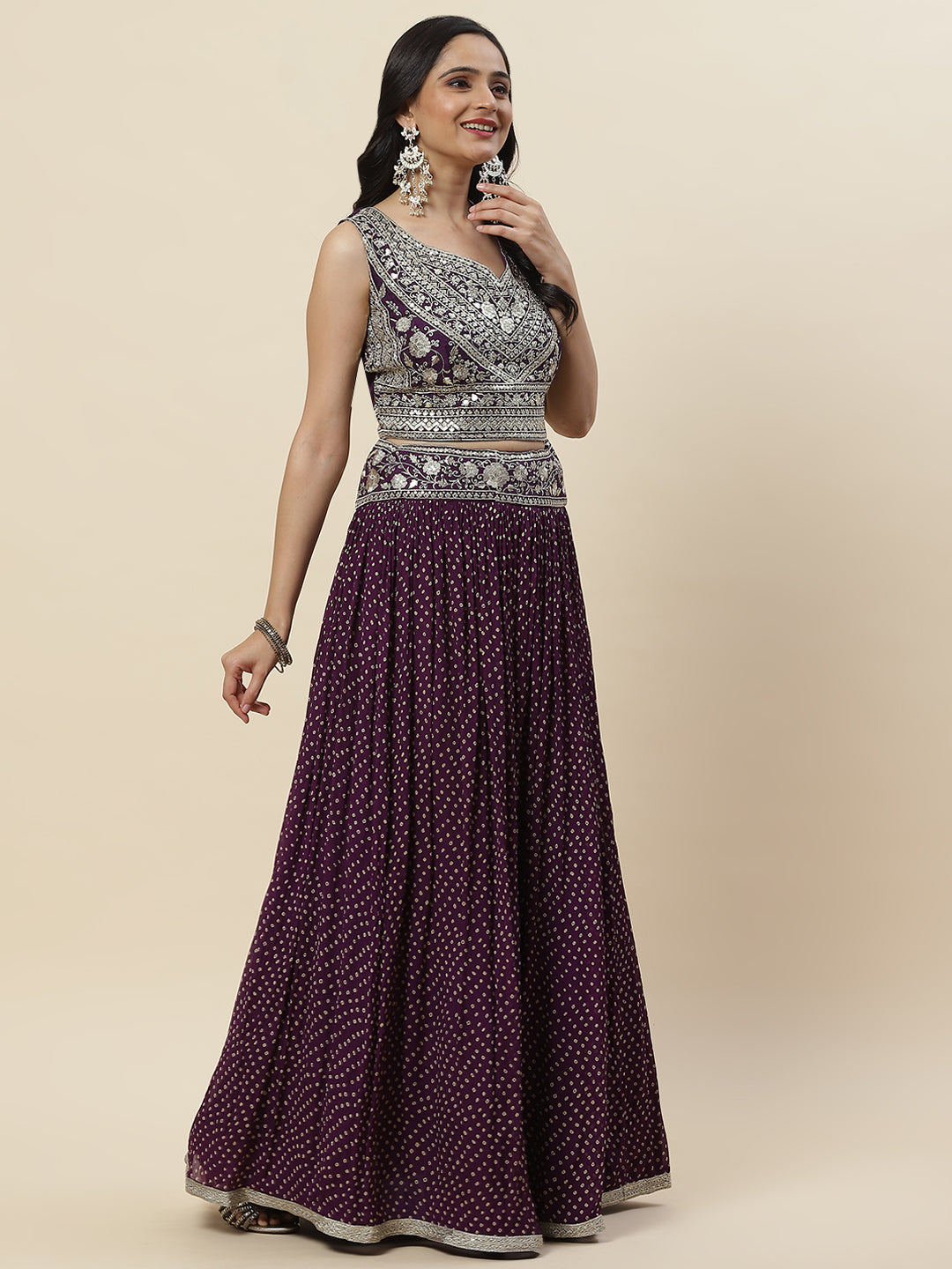 Bandhani Printed Georgette Choli With Lehenga &amp; Dupatta