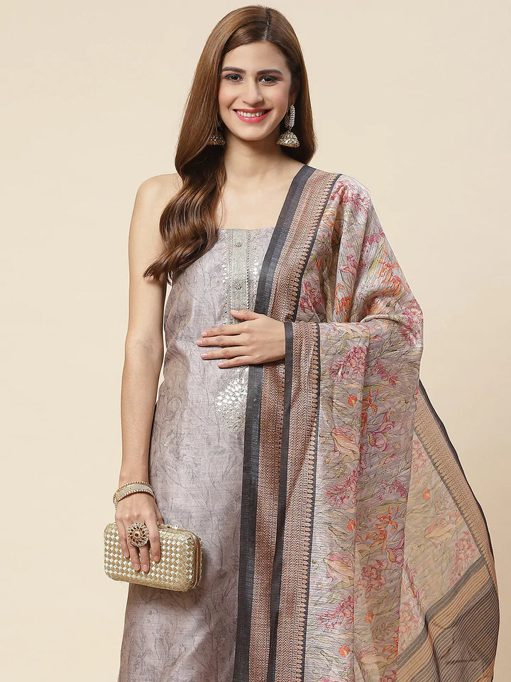 Neck Embroidered &amp; Printed Chanderi Unstitched Suit Piece With Dupatta