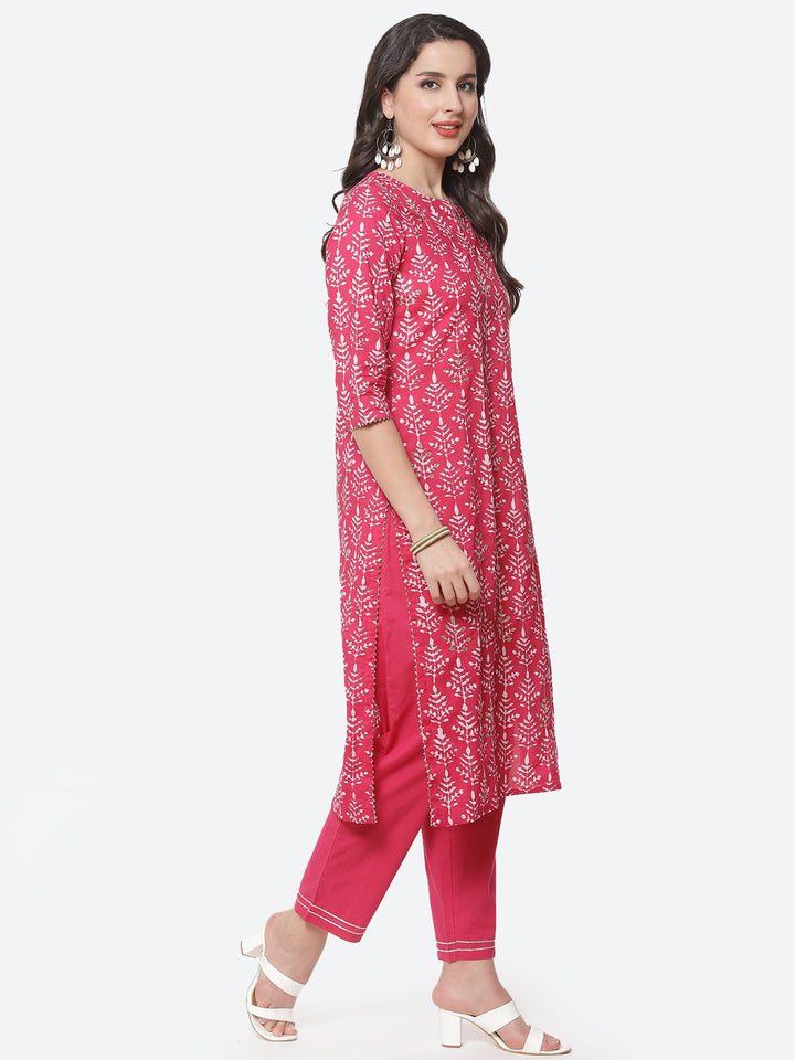 Printed Gota Work Cotton Kurti With Pant