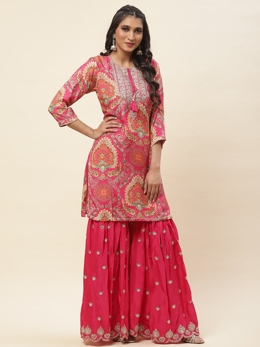 Floral Printed Cotton Kurta With Sharara &amp; Dupatta