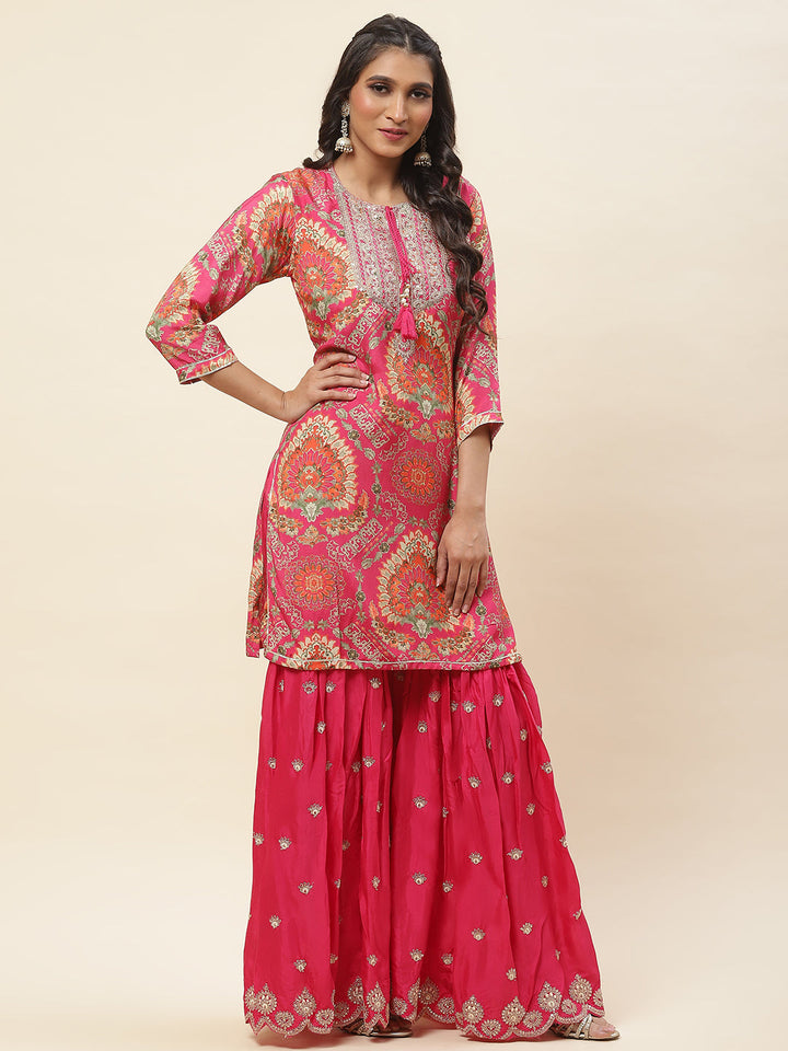 Floral Printed Cotton Kurta With Sharara &amp; Dupatta