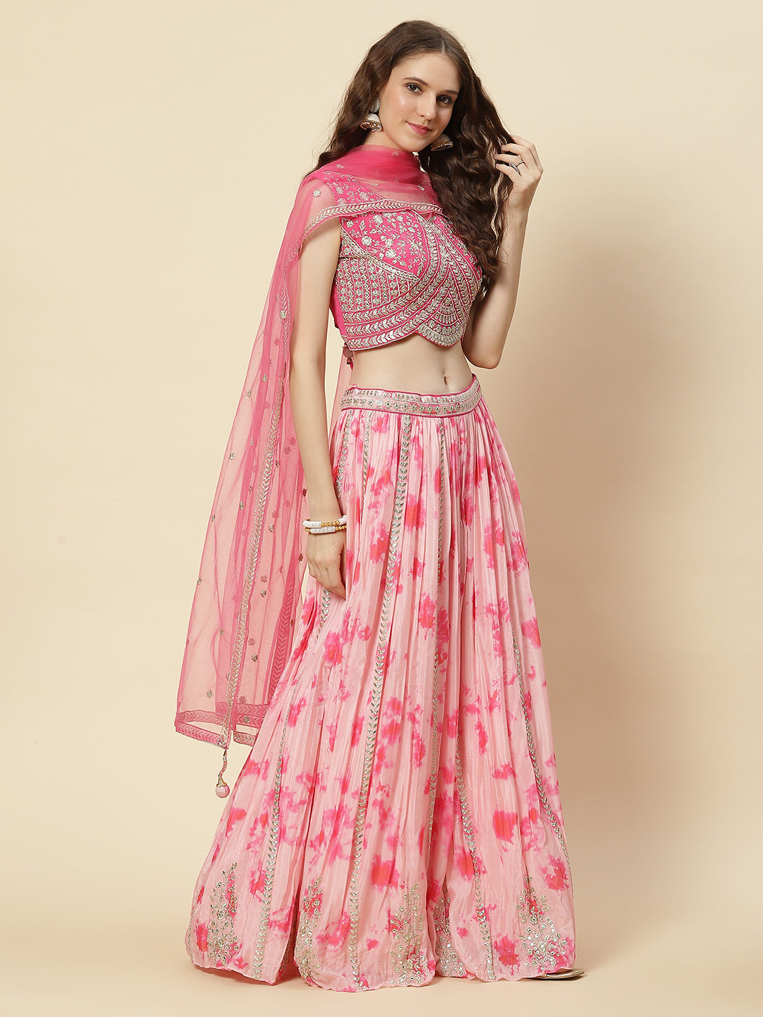 Zari Embroidered Printed Crepe Choli With Lehenga &amp; Net Dupatta