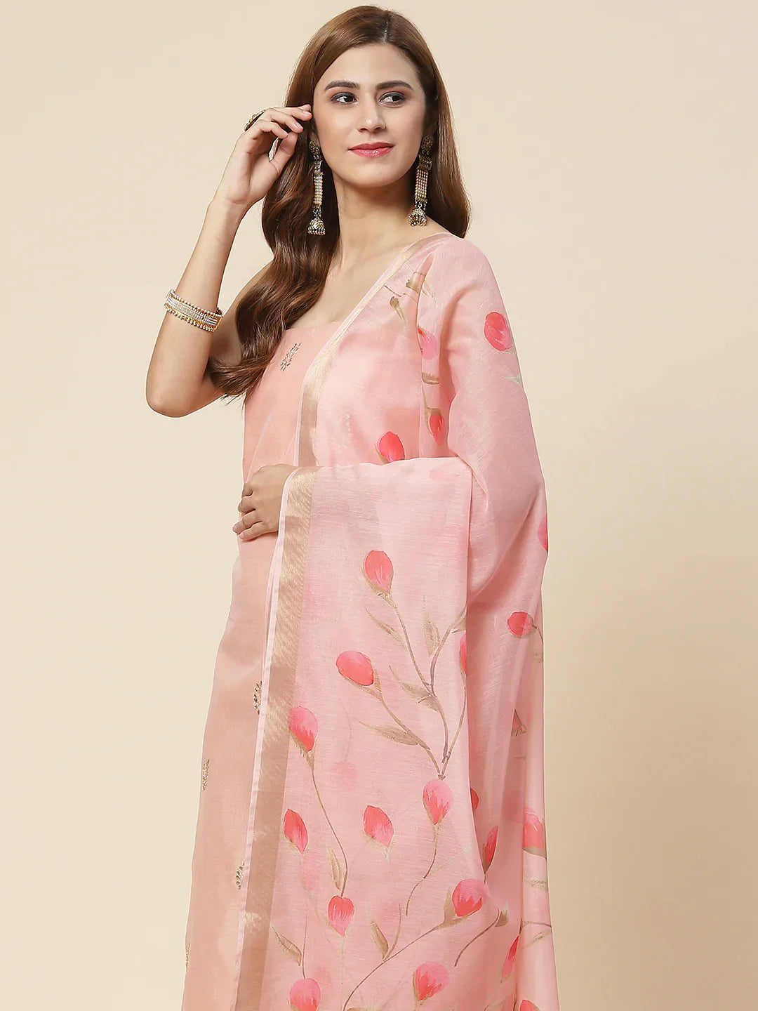Embroidered Chanderi Unstitched Suit Piece With Floral Dupatta