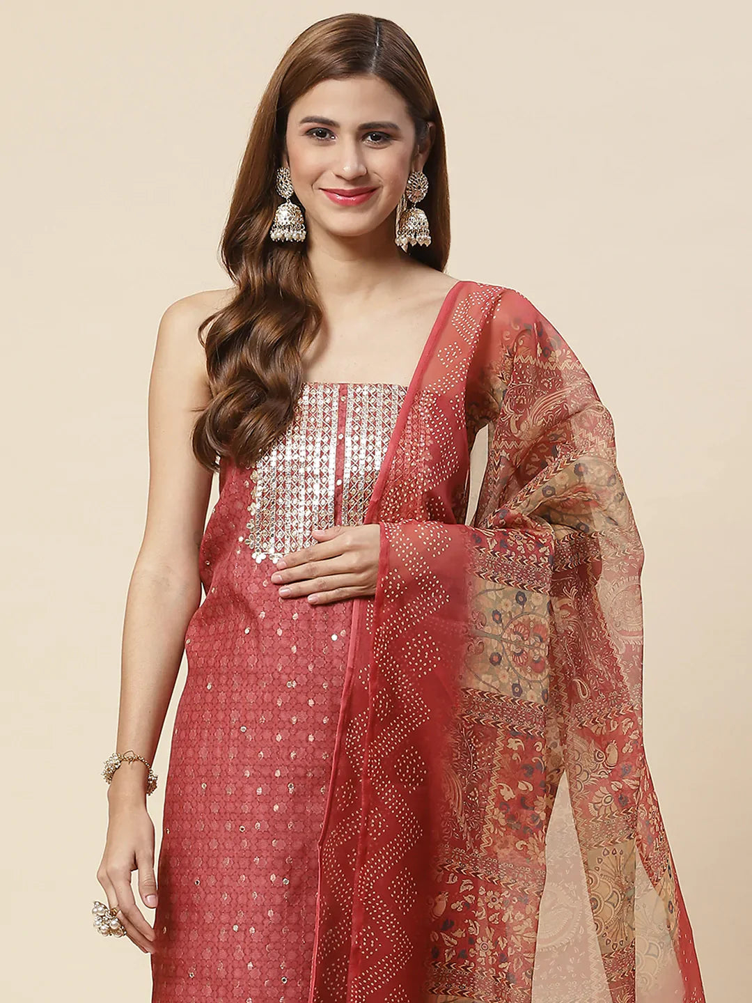 Neck Embroidered &amp; Printed Chanderi Unstitched Suit Piece With Dupatta