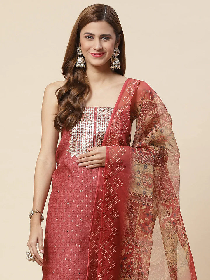 Neck Embroidered &amp; Printed Chanderi Unstitched Suit Piece With Dupatta
