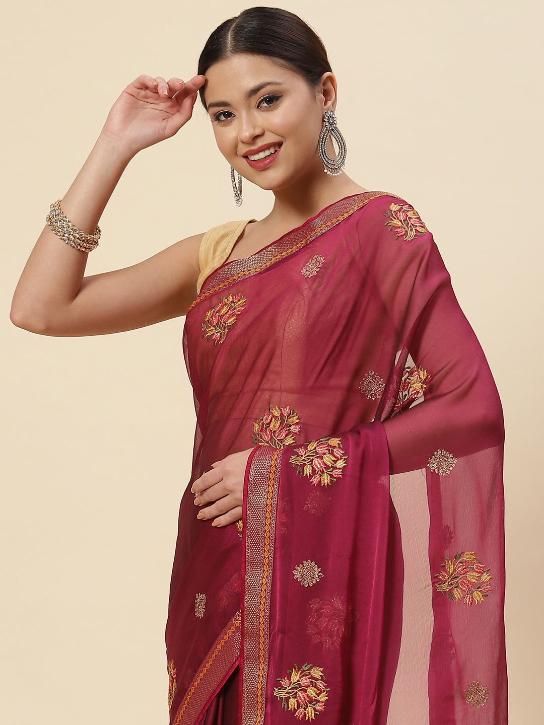 Resham Booti Chiffon Printed Saree
