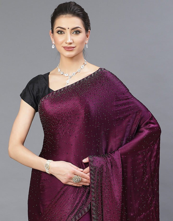 Crepe Embroidery Wine Saree