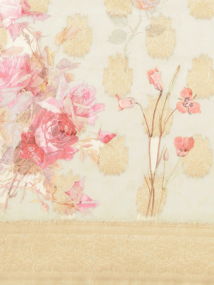 Digital Floral Banarasi Pallu Sarees Printed