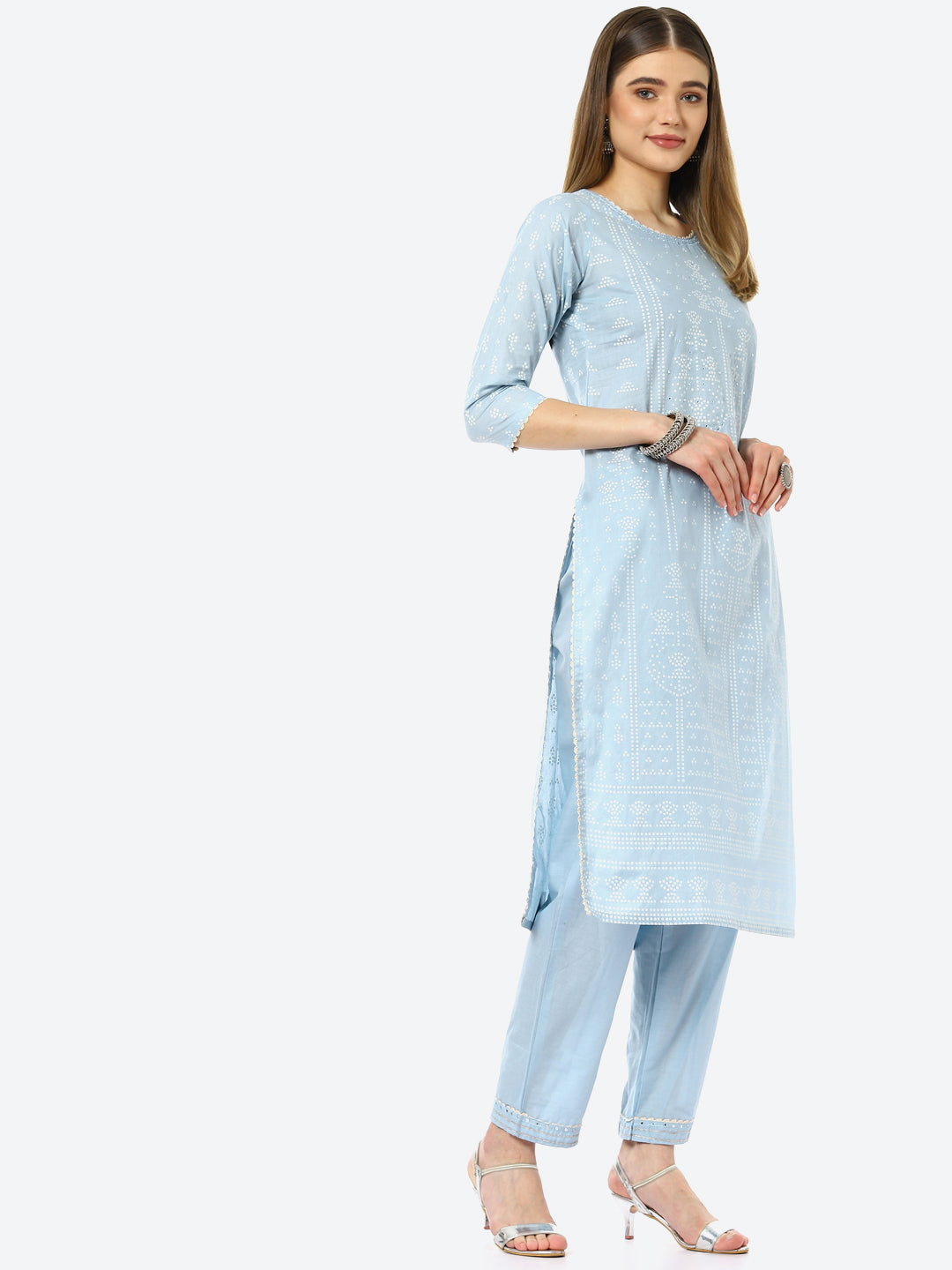 Bandhani Mirror Work Cotton Kurta With Pant &amp; Cotton Dupatta