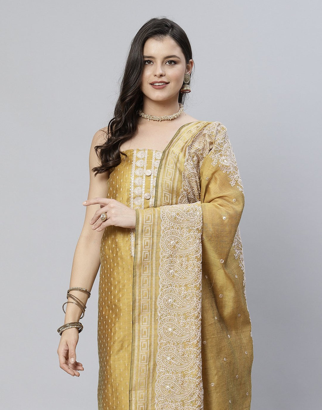 Printed Chanderi Suit Piece With Embroidered Yoke And Dupatta