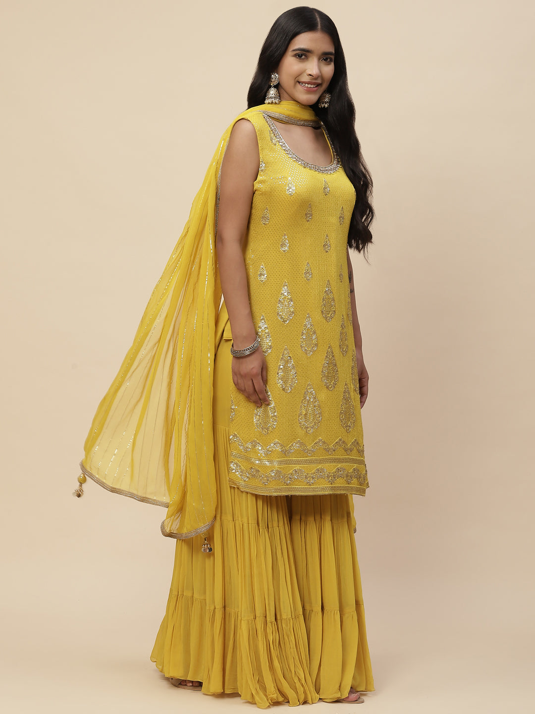 Sequin Embroidered Georgette Kurta With Sharara &amp; Dupatta