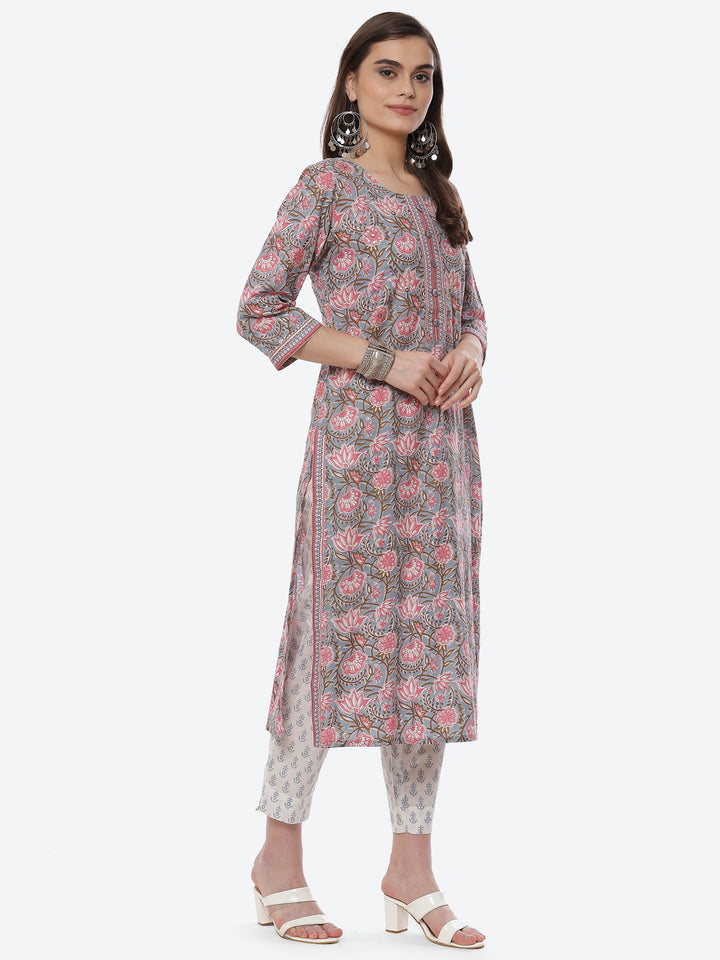 Floral Printed Cotton Kurta With Pant &amp; Cotton Dupatta