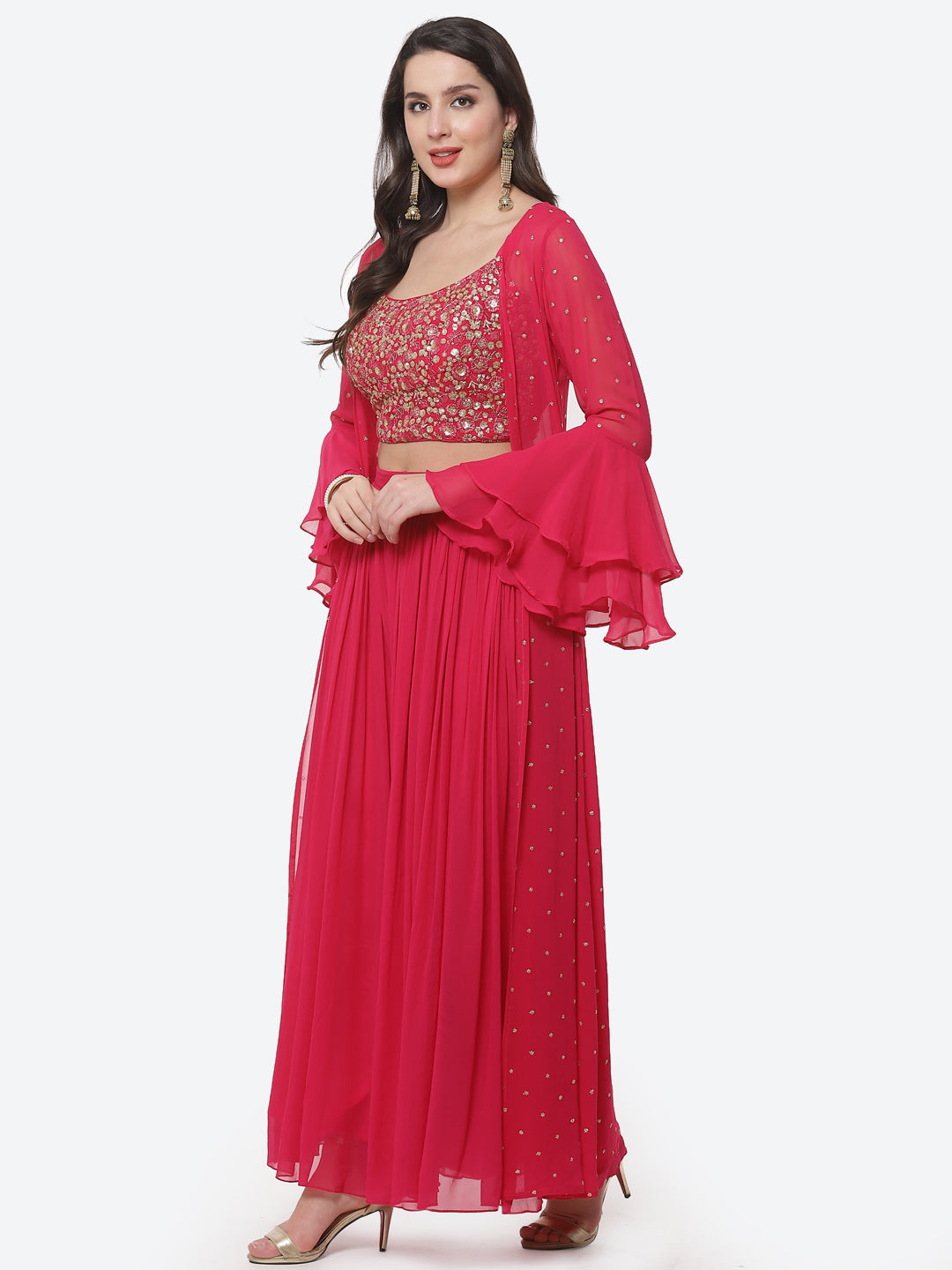 Embroidered Georgette Top With Pleated Palazzo &amp; Jacket