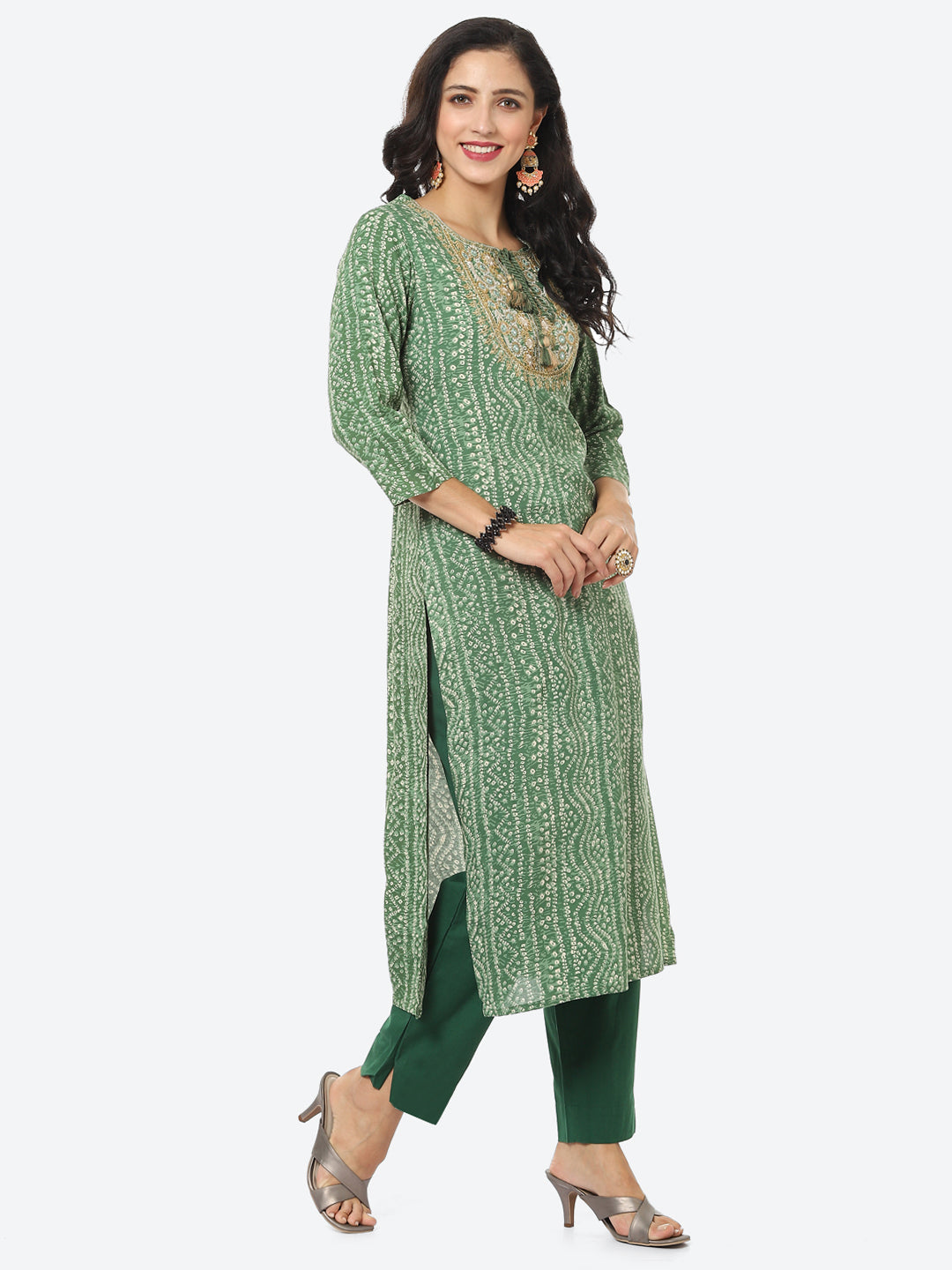 Yoke Embroided Bandhani Printed Cotton Kurti