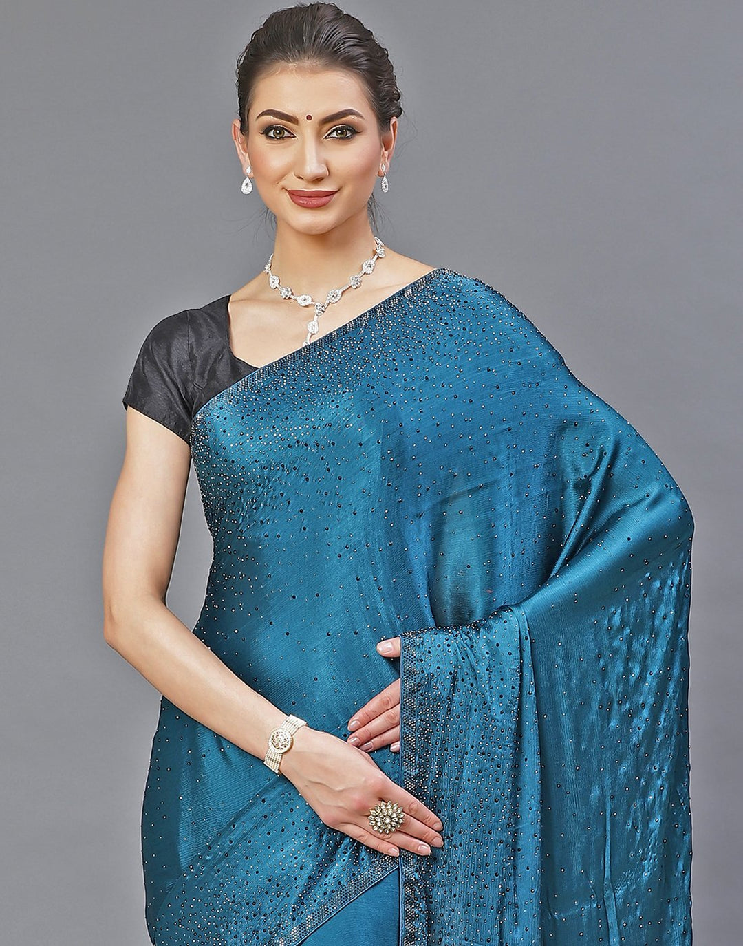 Crepe Embroidery Teal Blue Saree