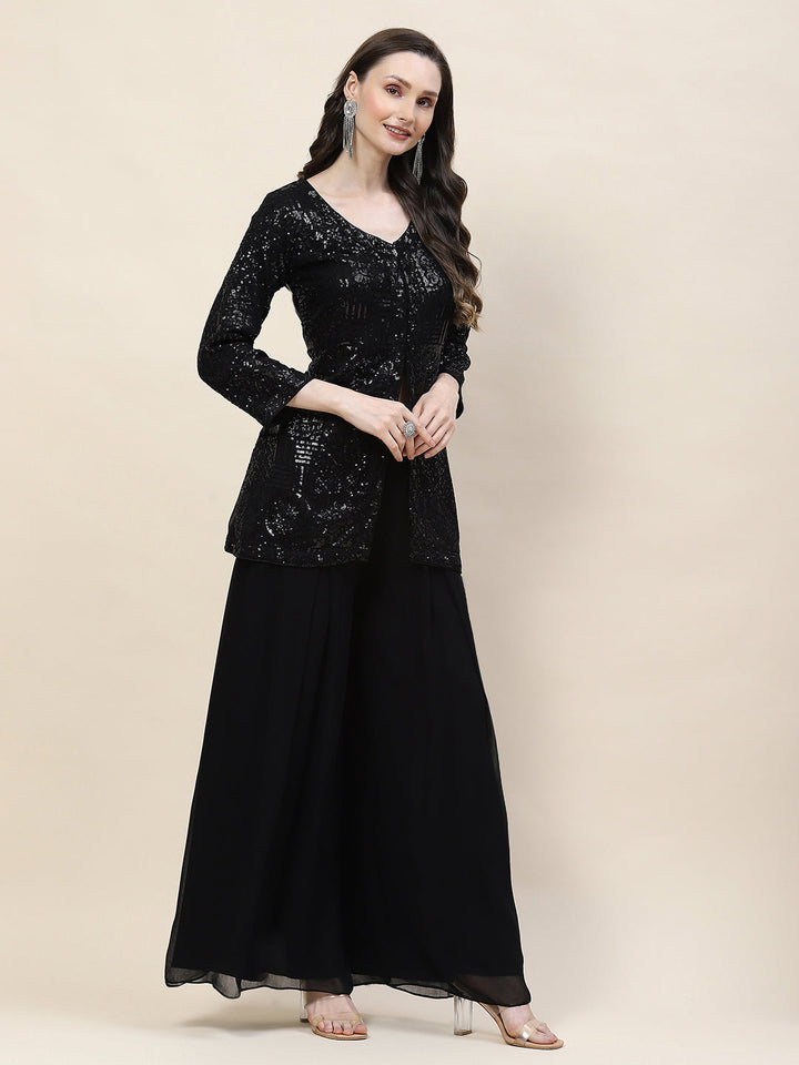 Sequin Embroidery Georgette Kurti With Palazzo &amp; Dupatta