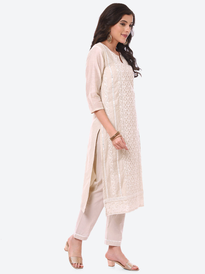 Mirror Work Embroidered Cotton Kurta With Pant