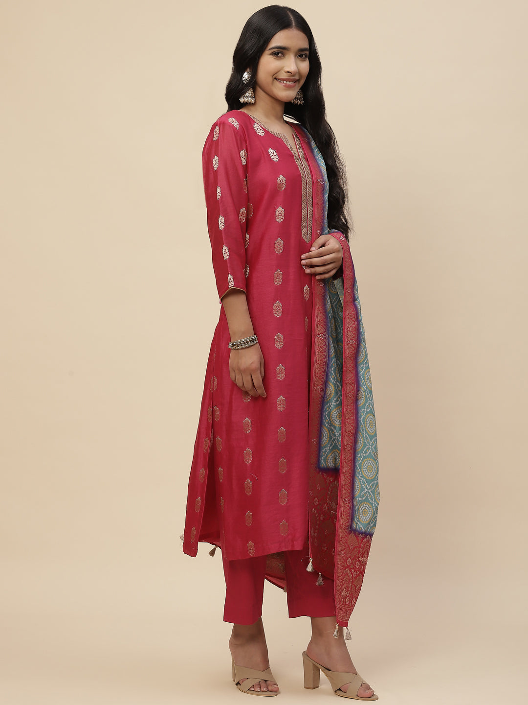 Zari Booti Cotton Kurta With Pants &amp; Dupatta