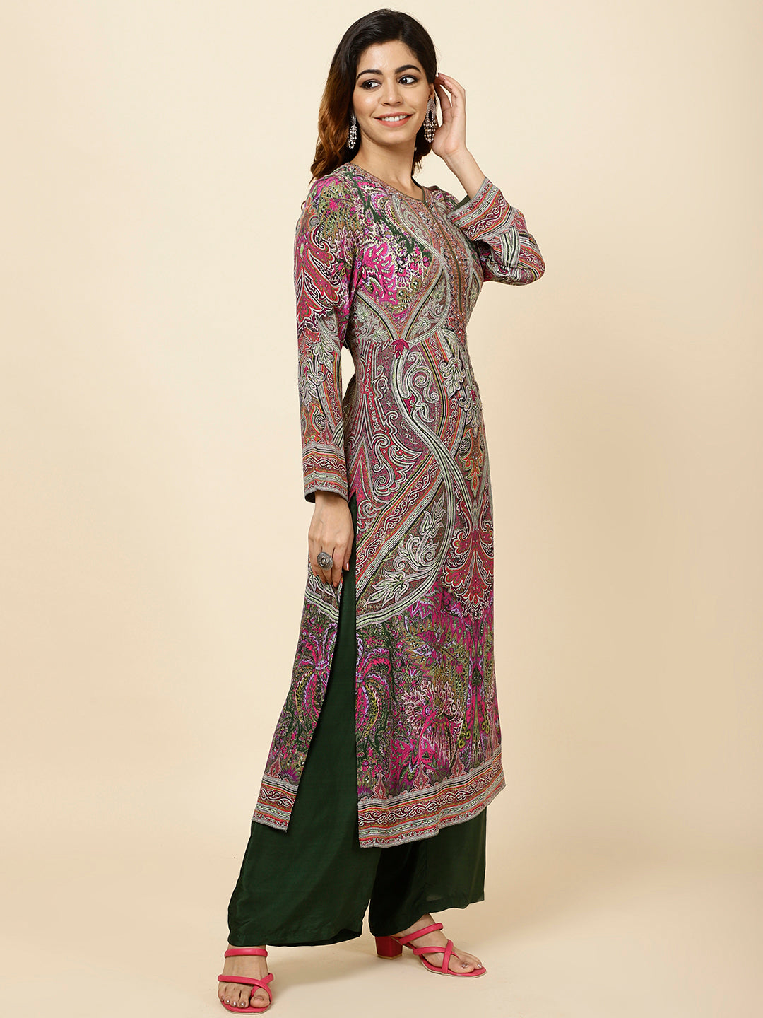 Digital Printed Crepe Kurta With Palazzo &amp; Dupatta