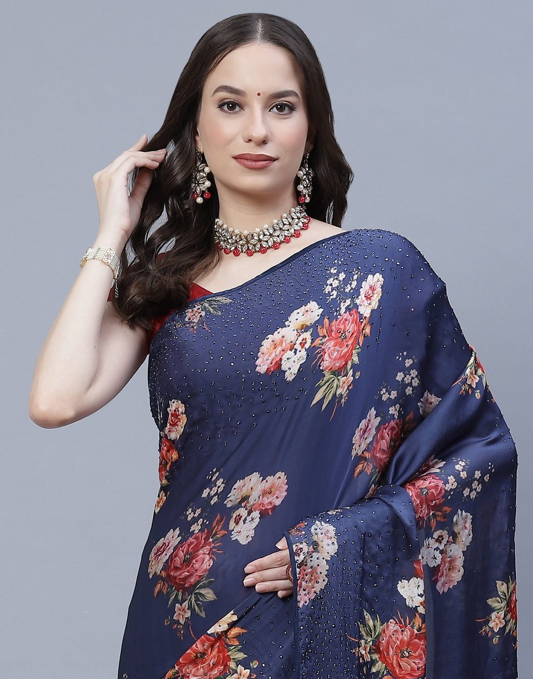 Digital Floral Printed Crepe Saree with Stone Work
