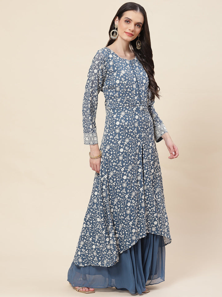 Embroidered Georgette Kurta With Palazzo &amp; Dupatta