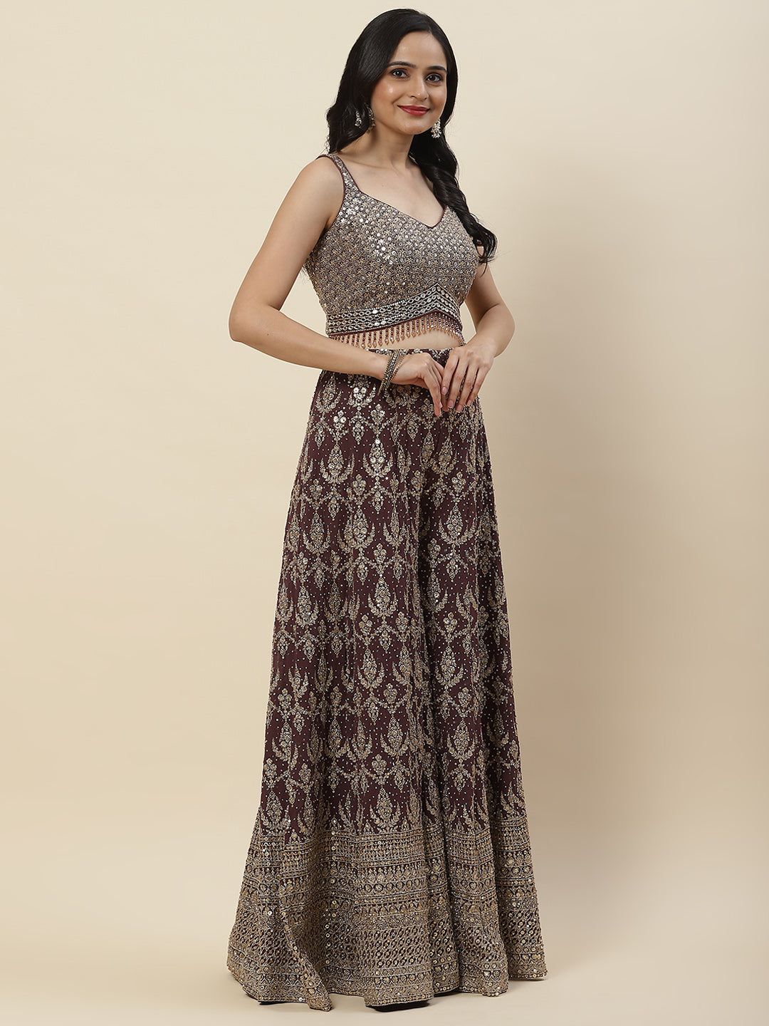 Sequin Zari Embroidered Georgette Crop Top With Palazzo &amp; Dupatta