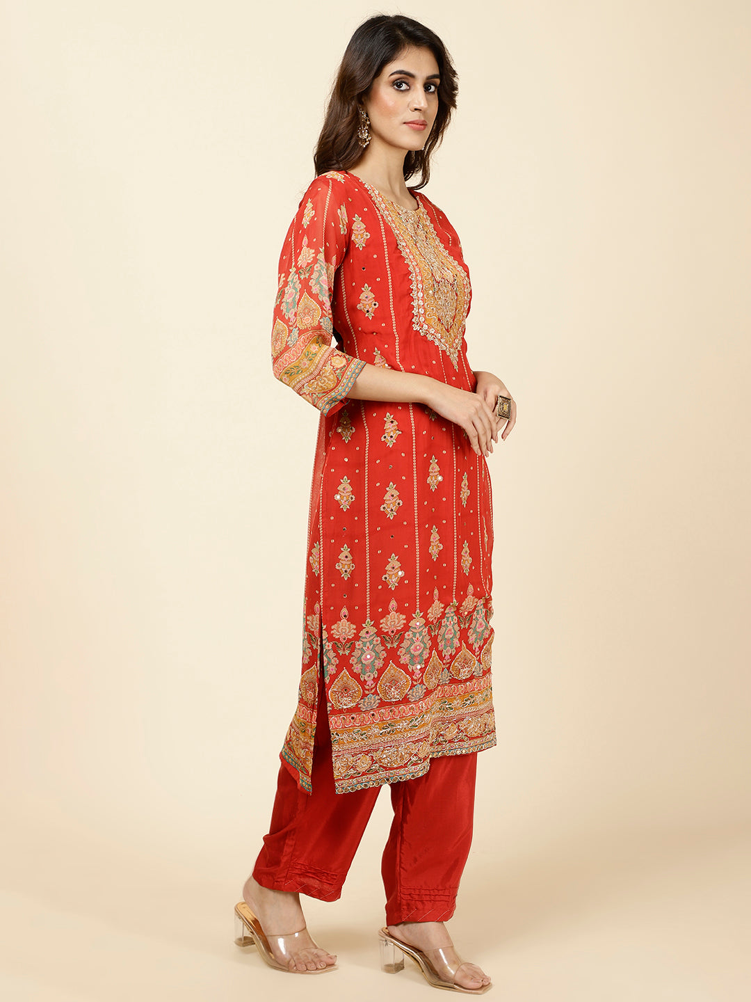 Floral Printed Georgette Kurta With Pants &amp; Dupatta