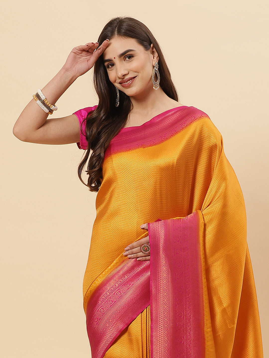 Brocade Zari Jaal  Art Handloom Saree With Contrast Blouse