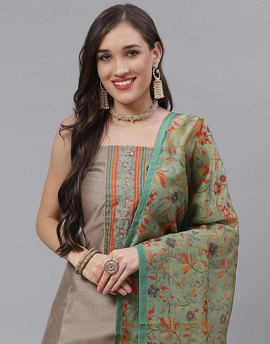 Chanderi Printed Suit Piece with floral dupatta