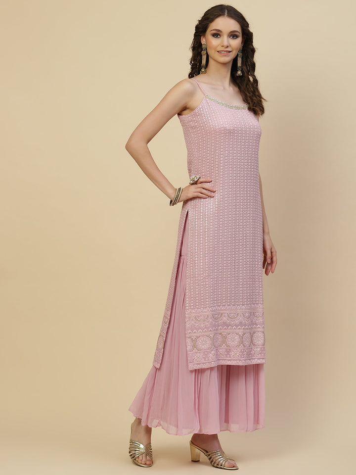 Resham Jaal Embroidered Georgette Kurta With Garara &amp; Dupatta