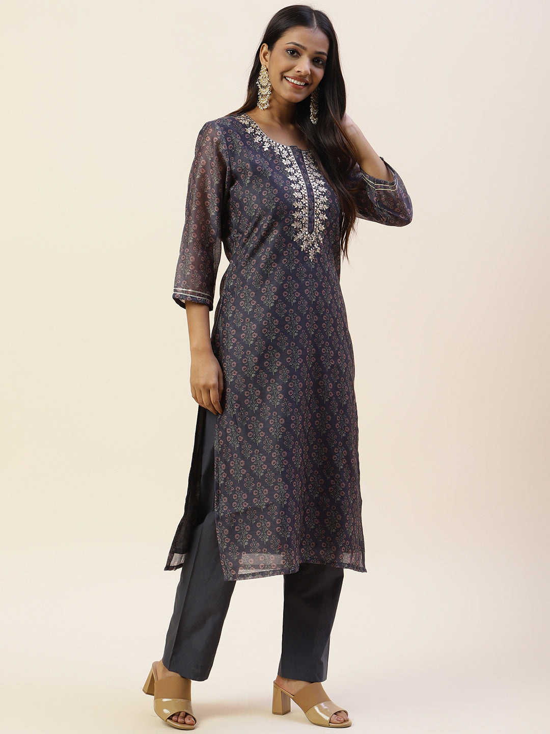 Printed &amp; Yoke Embroidered Chanderi Kurta With Pants