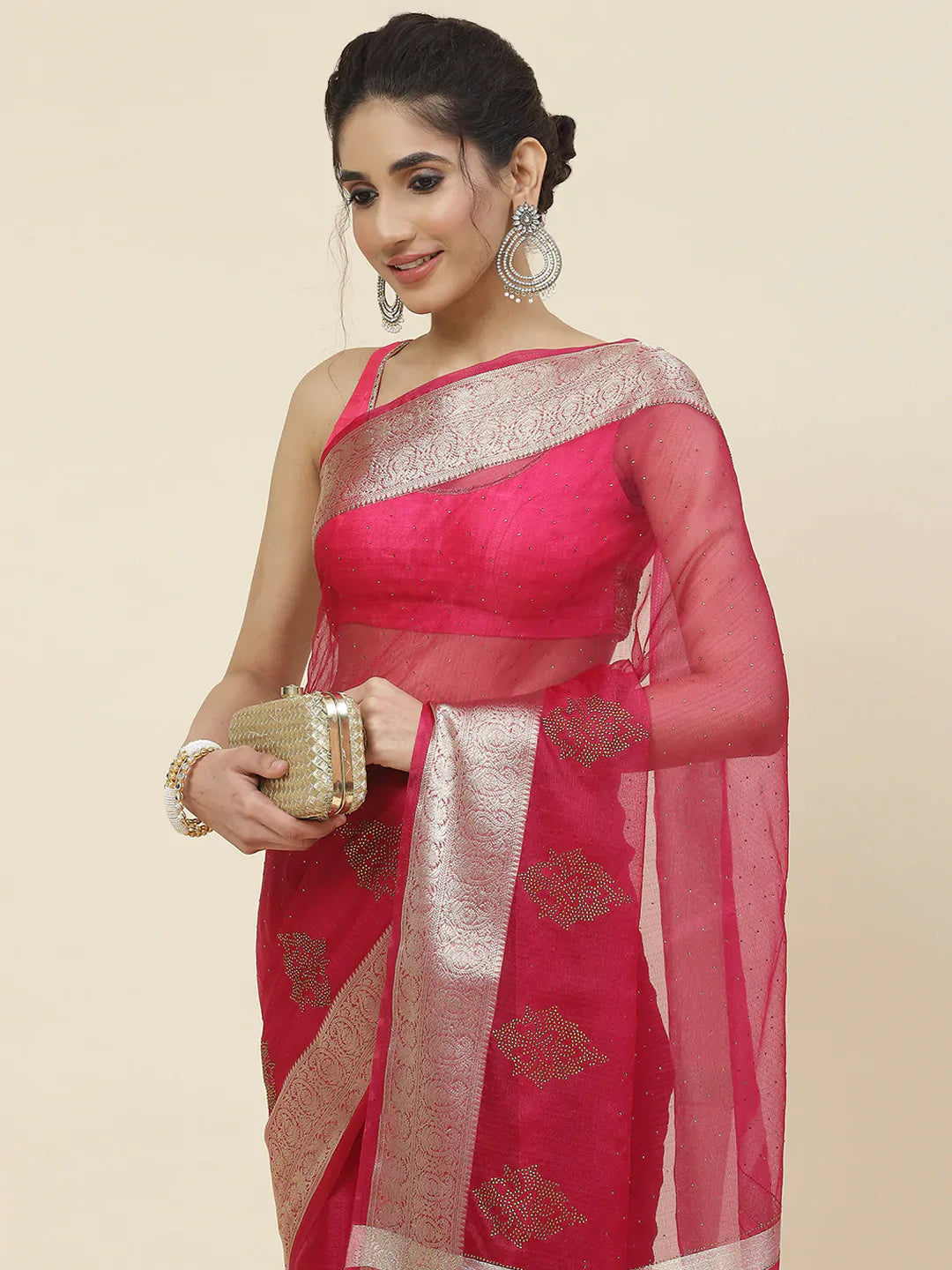 Stone Work Organza Plain Saree