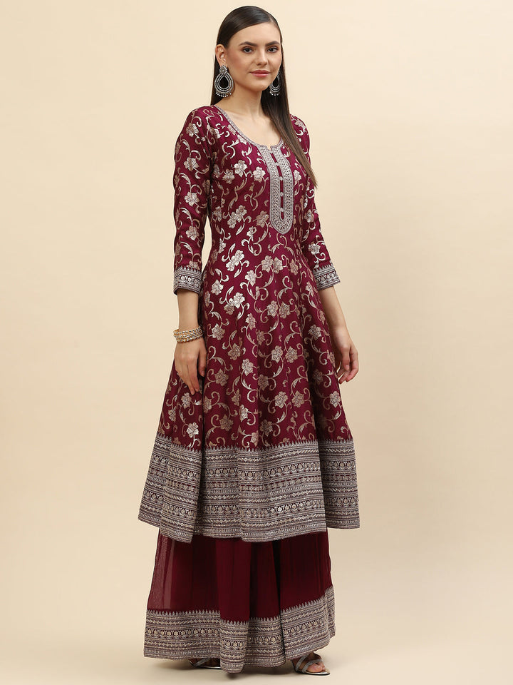 Resham Zari Embroidered Handloom Kurta With Palazzo &amp; Dupatta