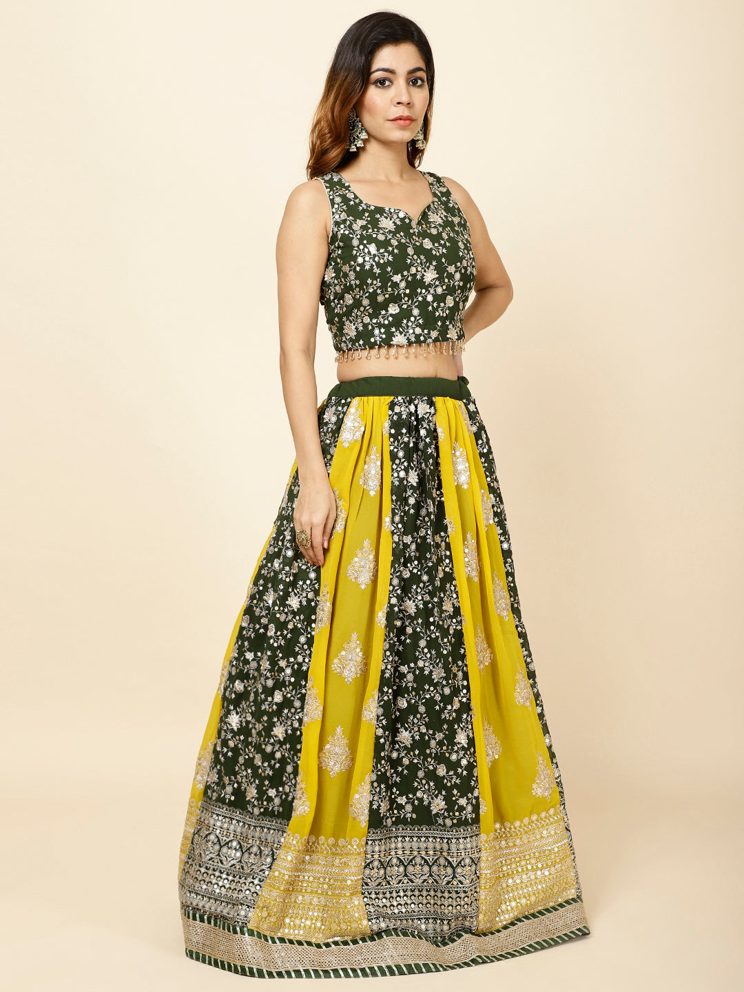 Zari Embroidered Georgette Choli With Lehenga &amp; Dupatta