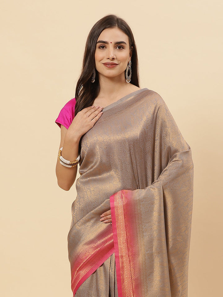 Brocade Zari Jaal Art Handloom Saree  with Contrast Blouse