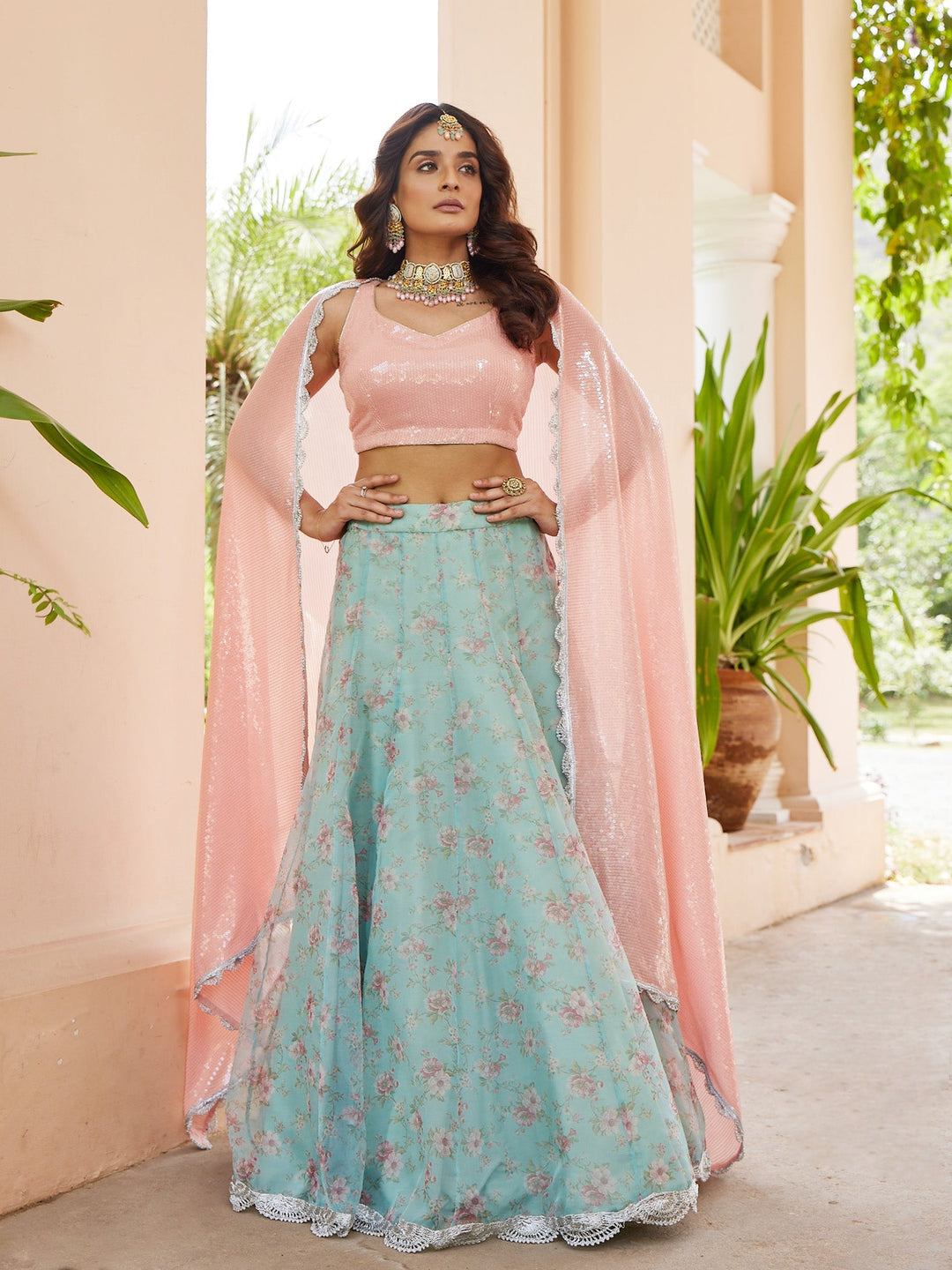 Floral Printed Organza Choli With Lehenga &amp; Georgette Dupatta