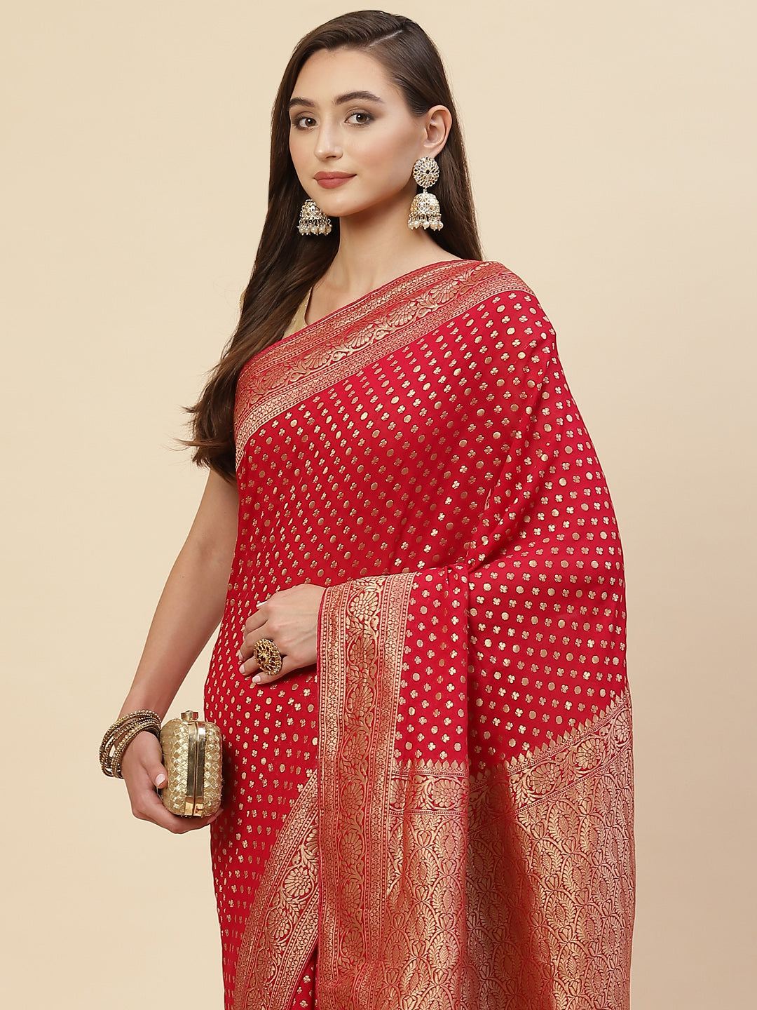 Zari Border Booti Georgette  Plain Saree
