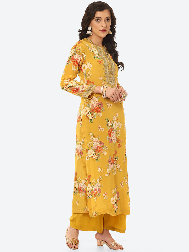 Floral Digital Printed Crepe Kurta With Palazzo &amp; Net Dupatta