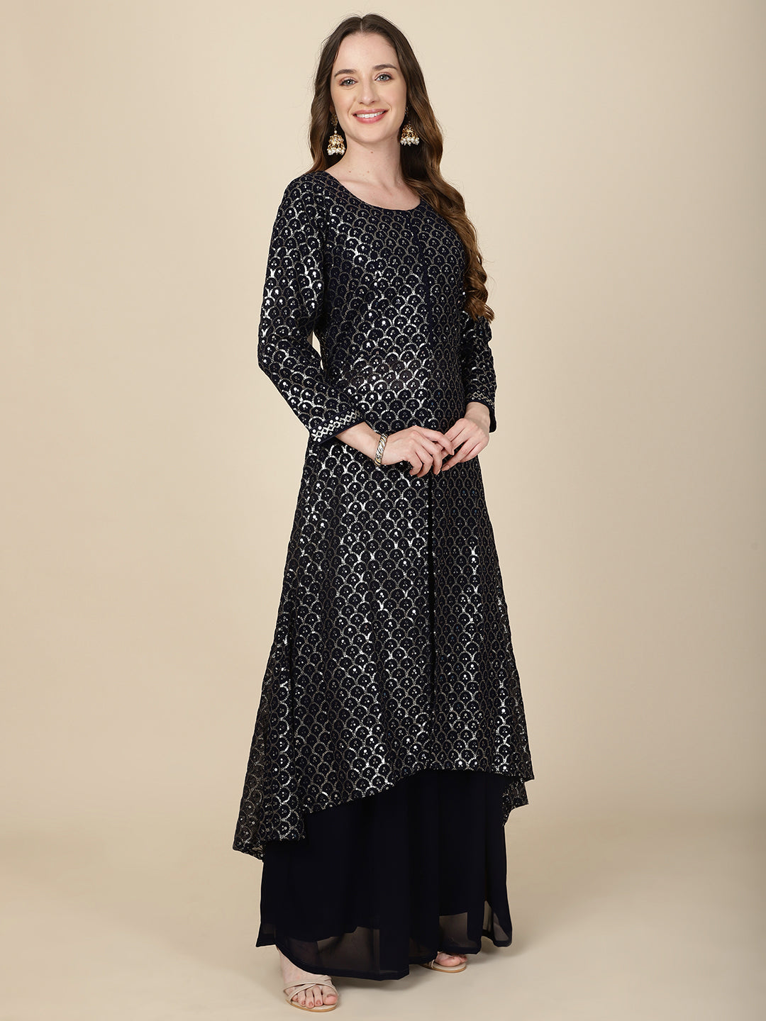 Resham Sequin Embroidery Georgette Kurta With Sharara &amp; Dupatta