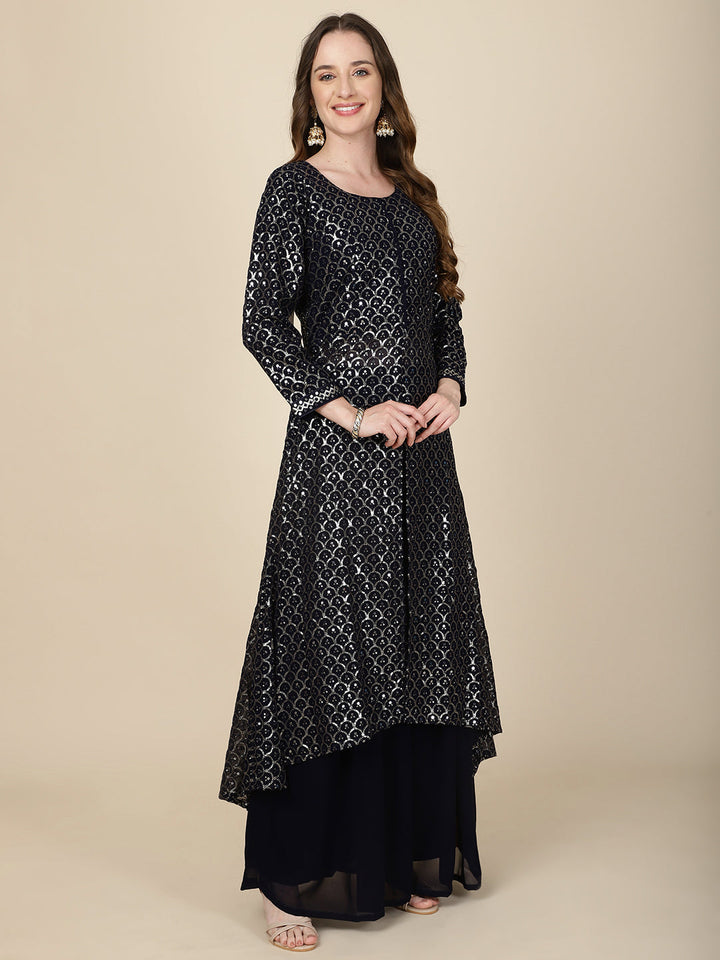 Resham Sequin Embroidery Georgette Kurta With Sharara &amp; Dupatta