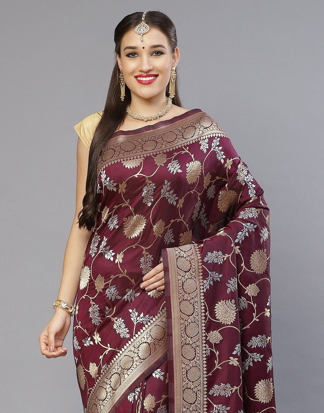 Banarsi Silk Saree with Silver and  Golden Zari Booties