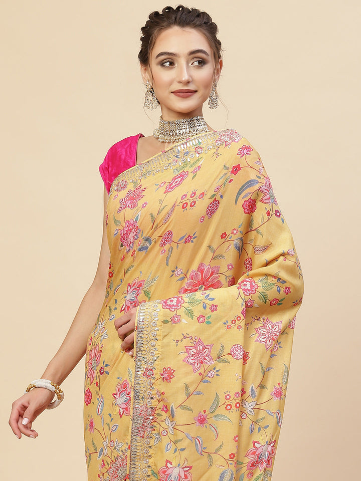 Digital Floral Printed Satin Saree