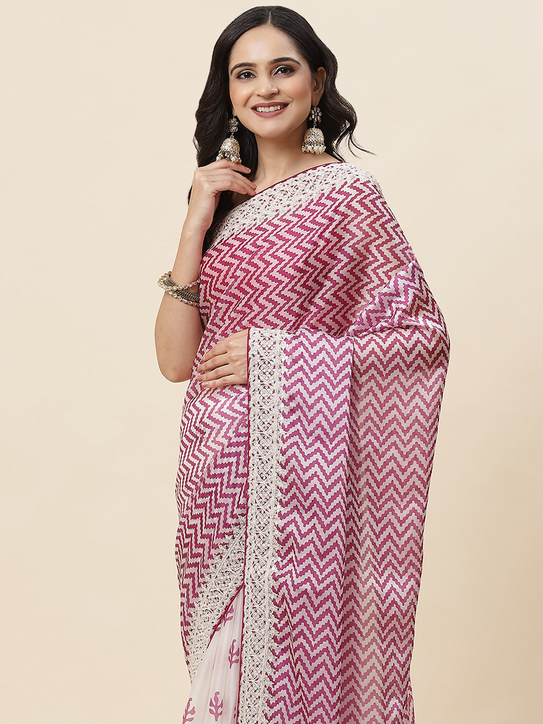 Block Printed Satin Saree - Meena bazaar
