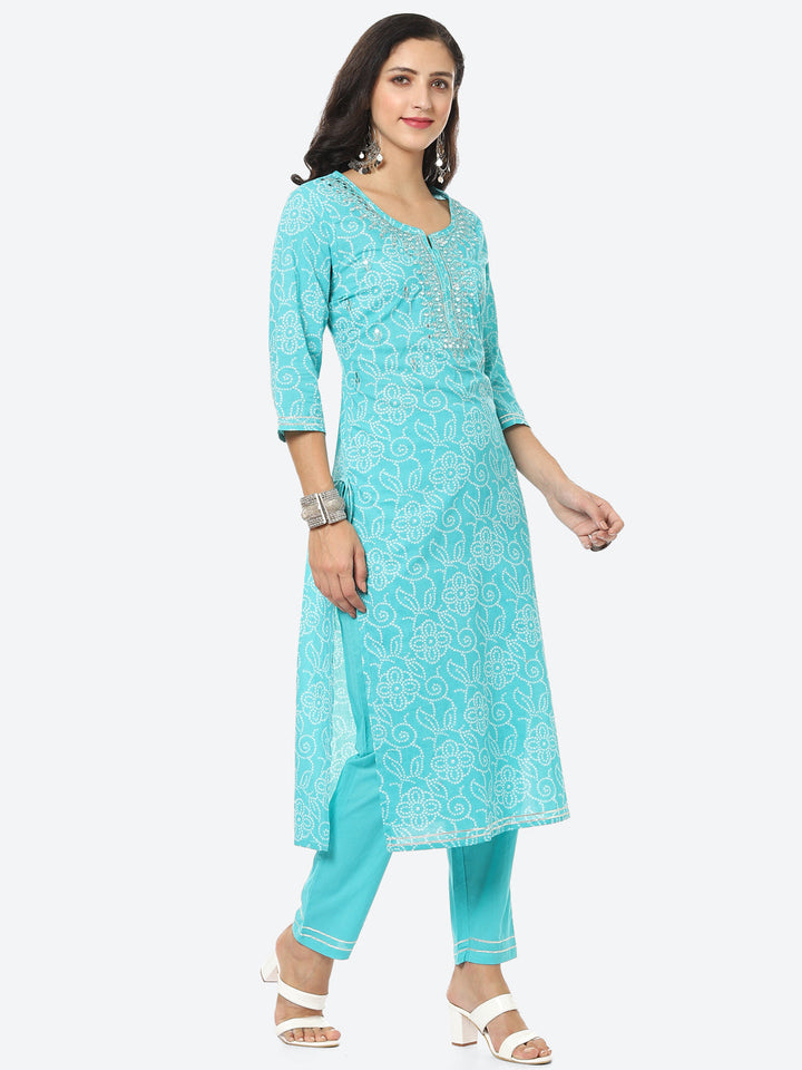 Resham Mirror Booti Cotton Kurta With Pant &amp; Chinone Dupatta