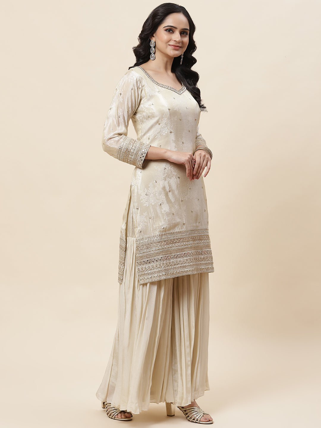 Sequin Embroidered Crepe Kurta With Garara &amp; Dupatta