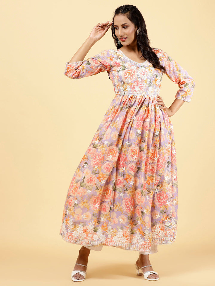 Floral Printed &amp; Neck Embroidered Cotton Kurta