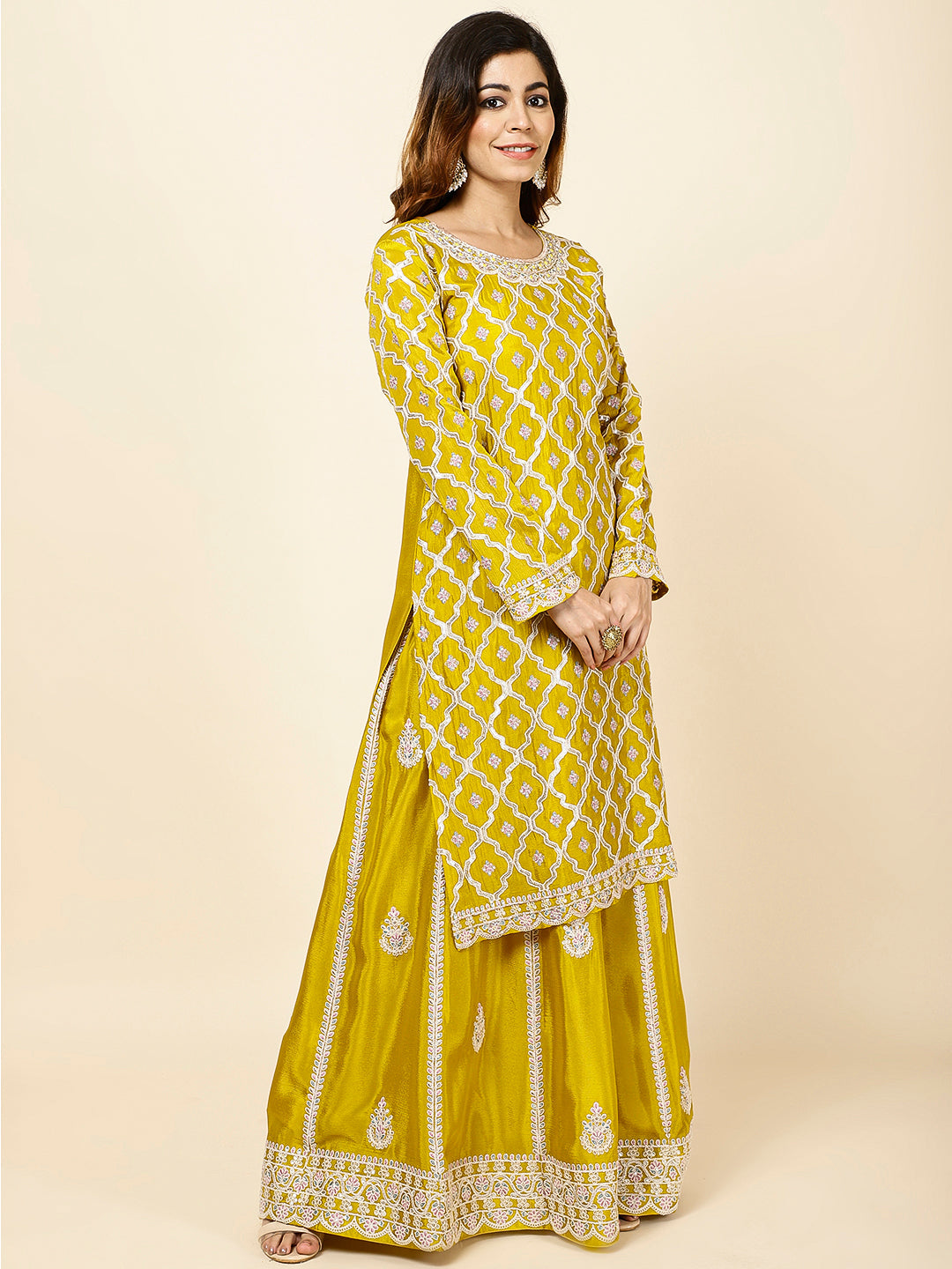 Embroidered Crepe Kurta With Lehenga &amp; Dupatta